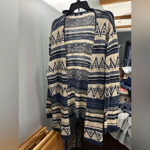 Chaps Open Cardigan Sweater Size Large Blue Cream Tribal Print